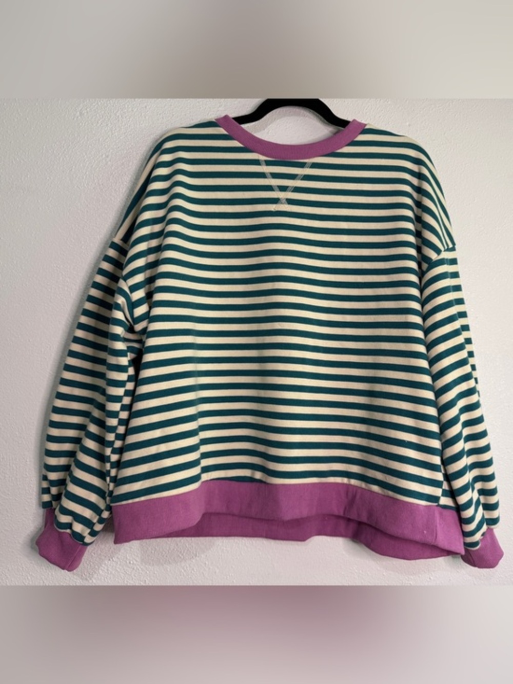 UEU Striped Green and Cream Cotton-Blend Crewneck Sweater with Pink Trim. Sz L